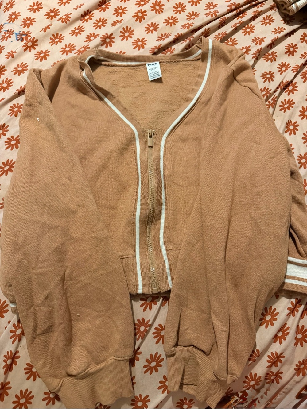 PINK Victoria's Secret Tan Zip-Front Bomber Jacket with Cream Trim